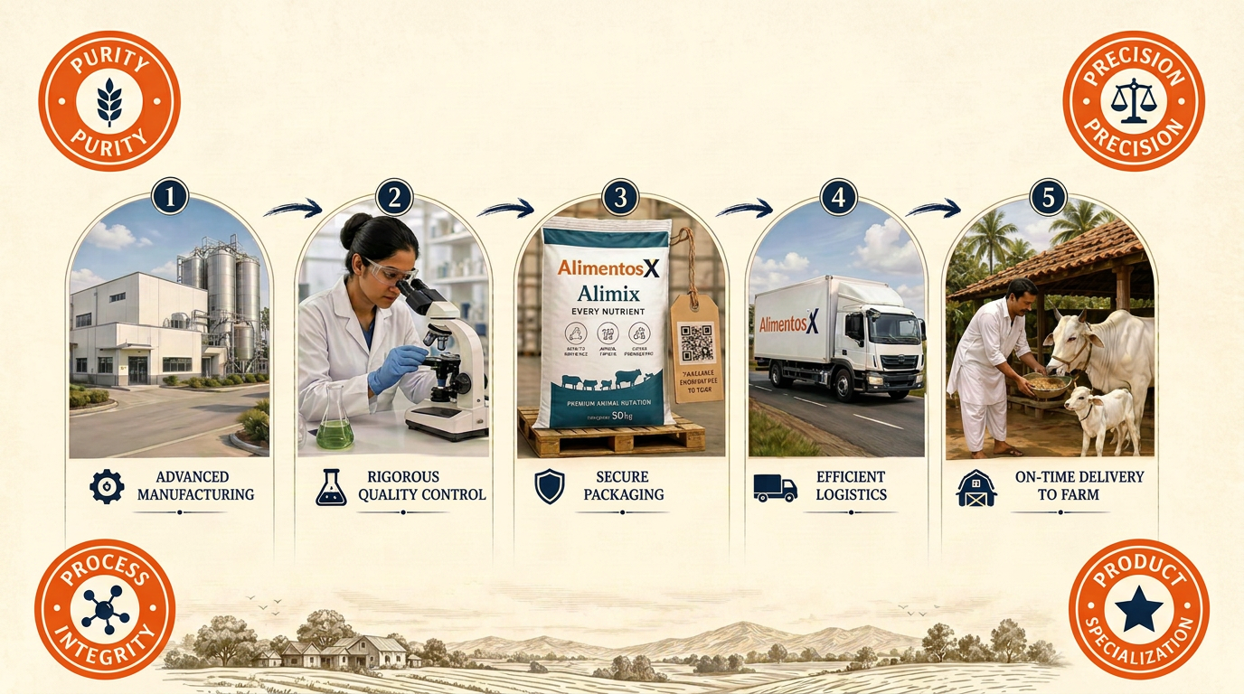 AlimentosX journey infographic: sourcing, precision manufacturing, in-process QC, finished product testing, secure packaging and on-time delivery to farm